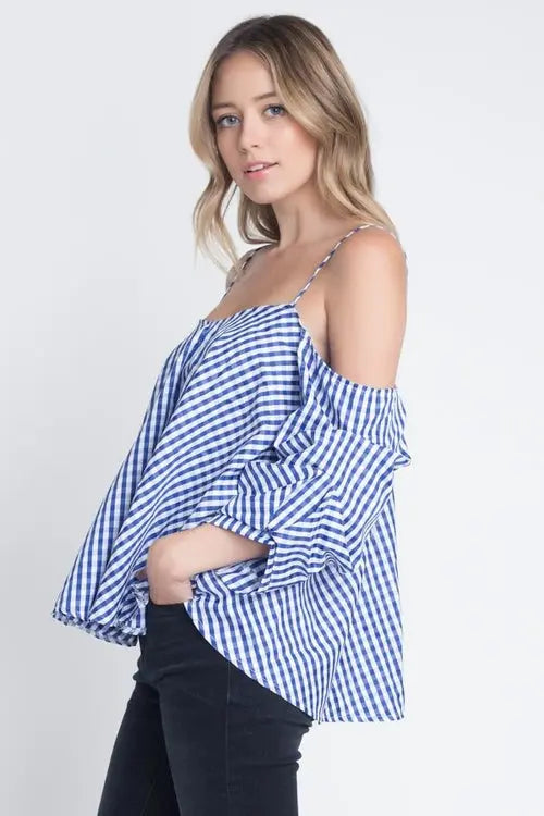 Women's Cold Shoulder Checkered Top    My Store