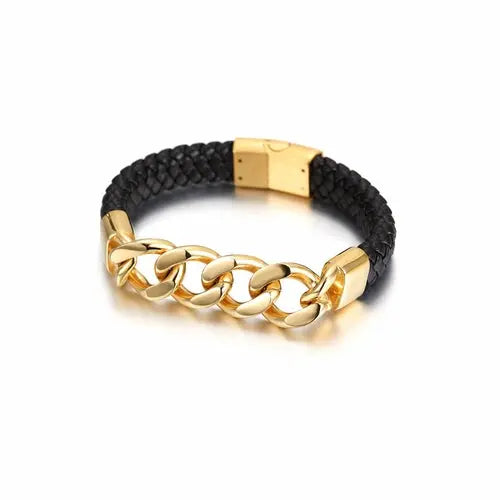 CUBAN LINK LEATHER BRACELET Gold My Store