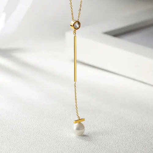 Pearl with Bar Pendant Drop Necklace My Store