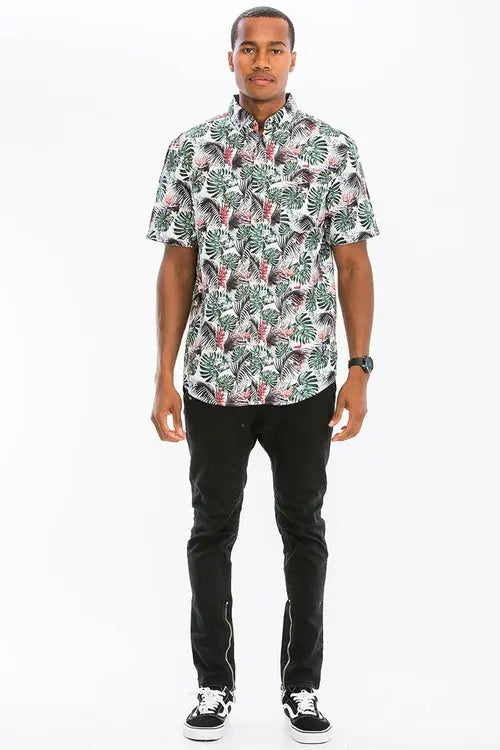 Green Hawaiian Print Button Up Shirt My Store