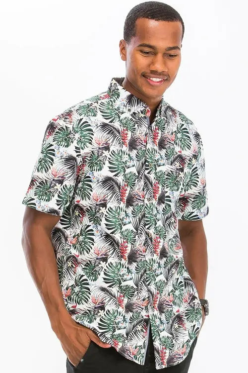 Green Hawaiian Print Button Up Shirt My Store