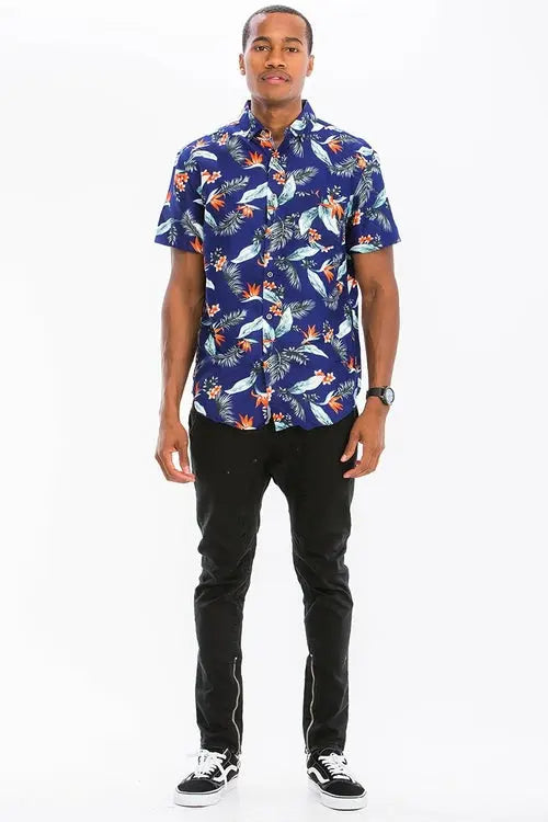 Blue Hawaiian Print Button Up Shirt My Store