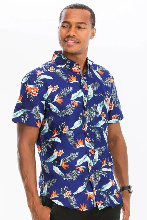 Blue Hawaiian Print Button Up Shirt My Store