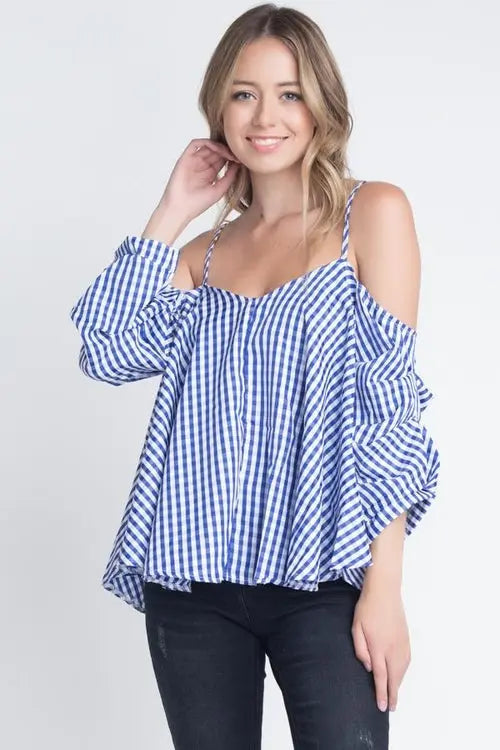 Women's Cold Shoulder Checkered Top    My Store