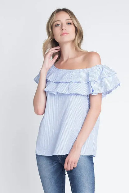 Women's Striped Off Shoulder Ruffle Stripe Blouse  White Blue / Small  My Store