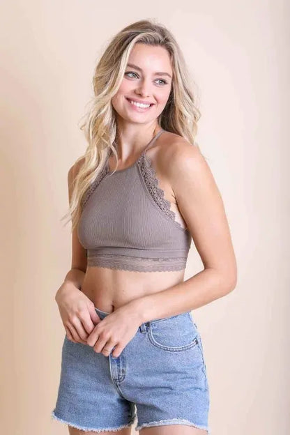 Orange High Neck Crochet Trim Bralette  Mocha / Small  My Store