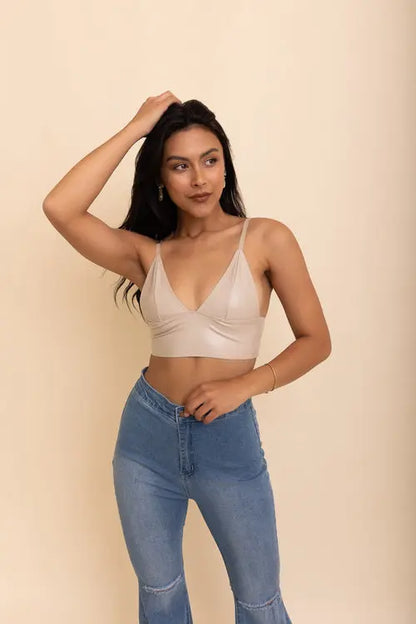 Posh Faux Leather Longline Bralette  Oatmeal / Small  My Store