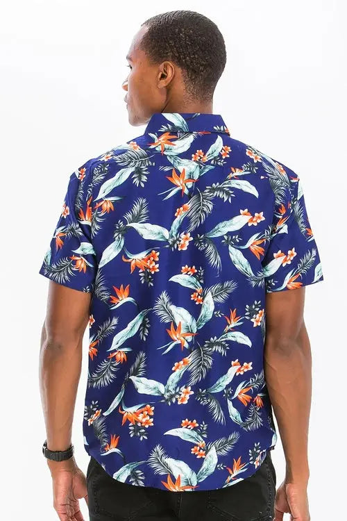 Blue Hawaiian Print Button Up Shirt    My Store