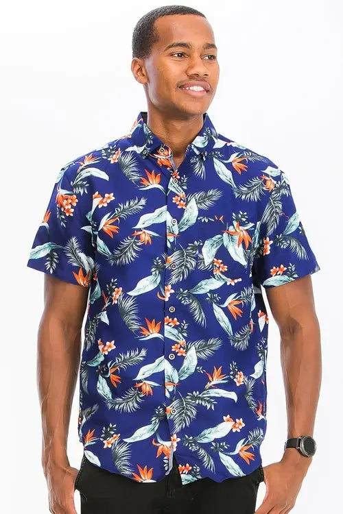 Blue Hawaiian Print Button Up Shirt    My Store